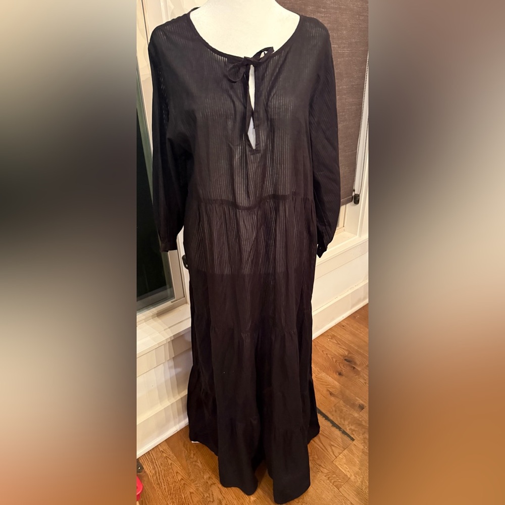 NWT. Natural Life. Split Neck Black Tiered Maxi Dress Lightweight Cover Up. M.